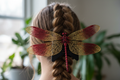 3D-Printed Dragonfly Hair Claw in Ruby Red and Gold - lifestyle shot
