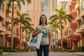 Smiling diverse female model carrying the Pacific Northwest Beach Tote Bag in a tropical urban setting