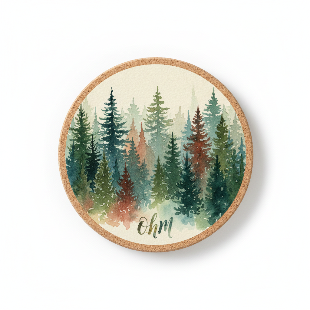 Single evergreen watercolor cork coaster with OHM watercolor initials - standalone shot