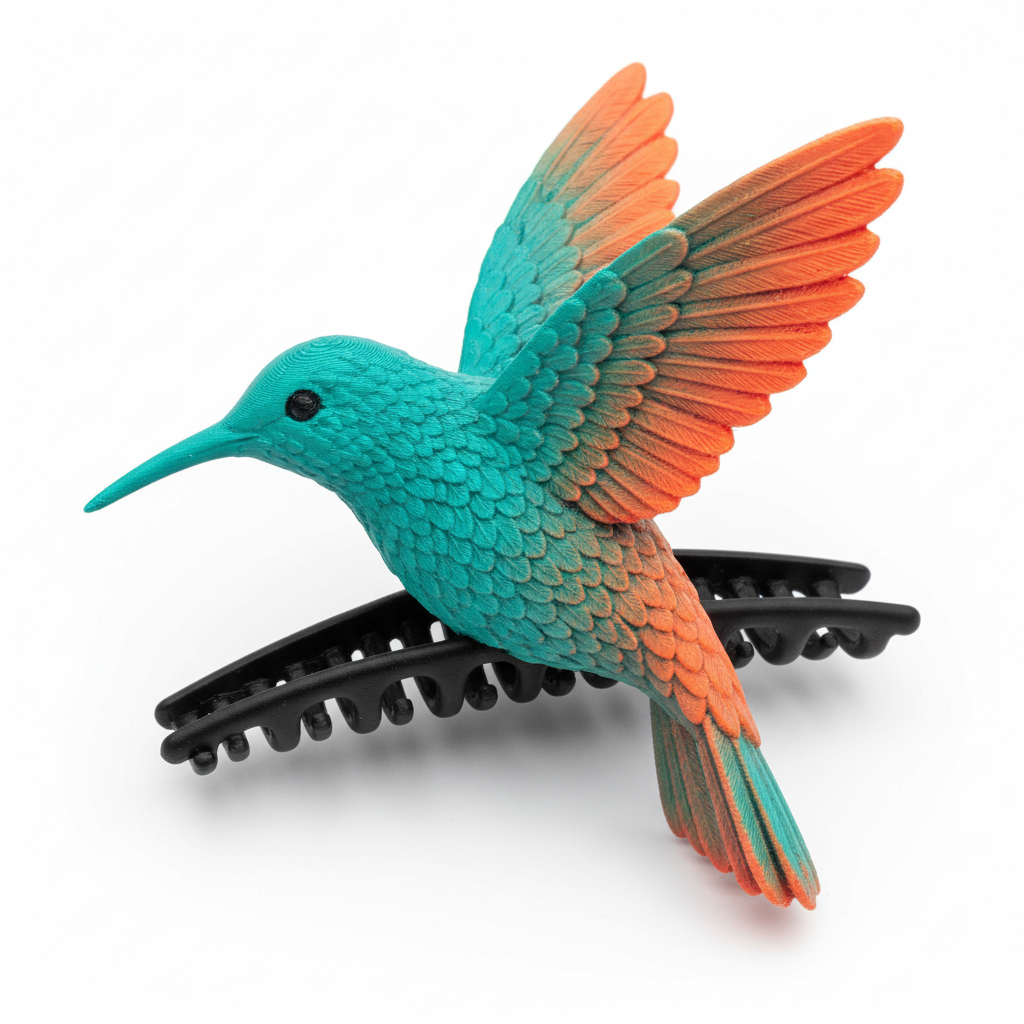 3D-Printed Hummingbird Hair Claw in Teal and Coral - standalone product shot