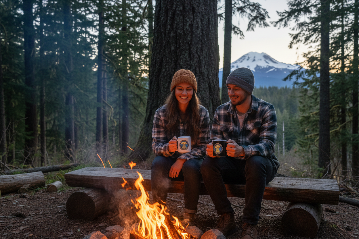 Two people by campfire holding Pacific Northwest mugs