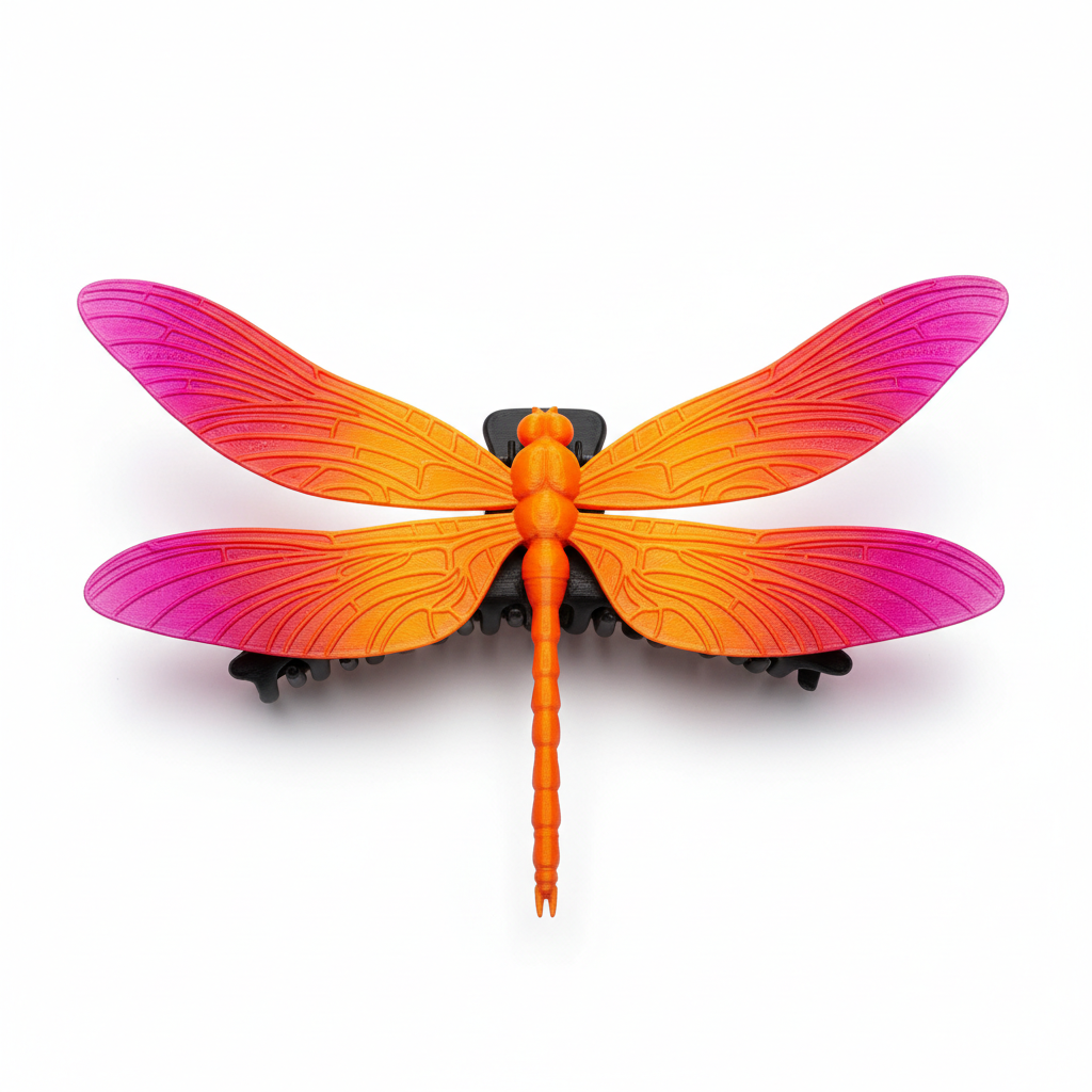 3D-Printed Dragonfly Hair Claw with orange body, sunset orange and magenta wings - standalone product shot