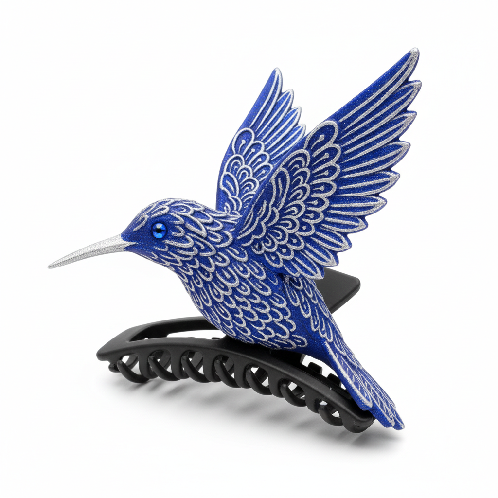 3D-Printed Hummingbird Hair Claw in Sapphire Blue and Silver - standalone product shot