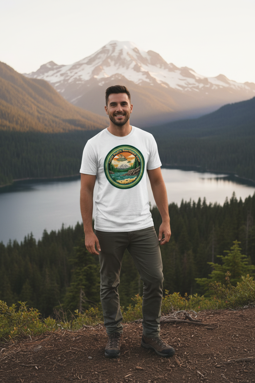 Male model wearing I Love Pacific Northwest t-shirt