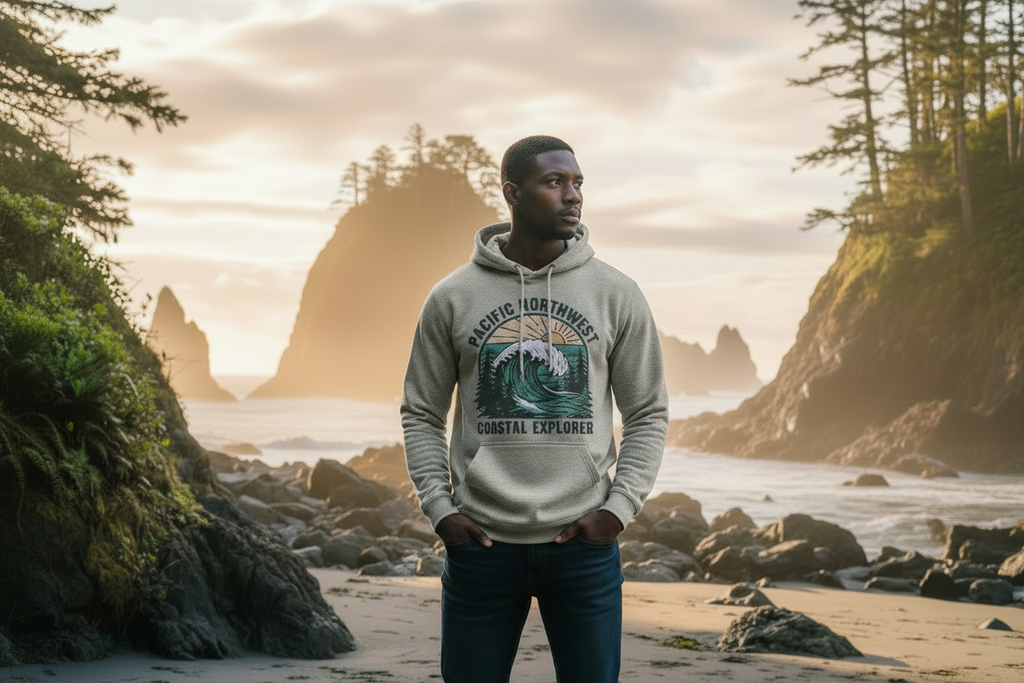 Athletic diverse male model wearing the Pacific Northwest Beach Hoodie on a rocky coastline at golden hour
