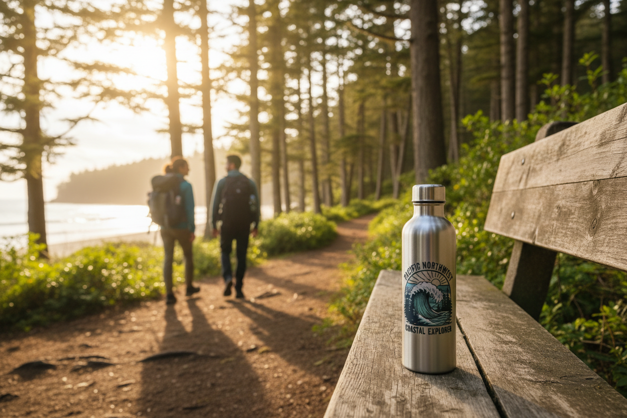Pacific Northwest Metal Water Bottle on a bench near a PNW beach trail with two hikers in the background