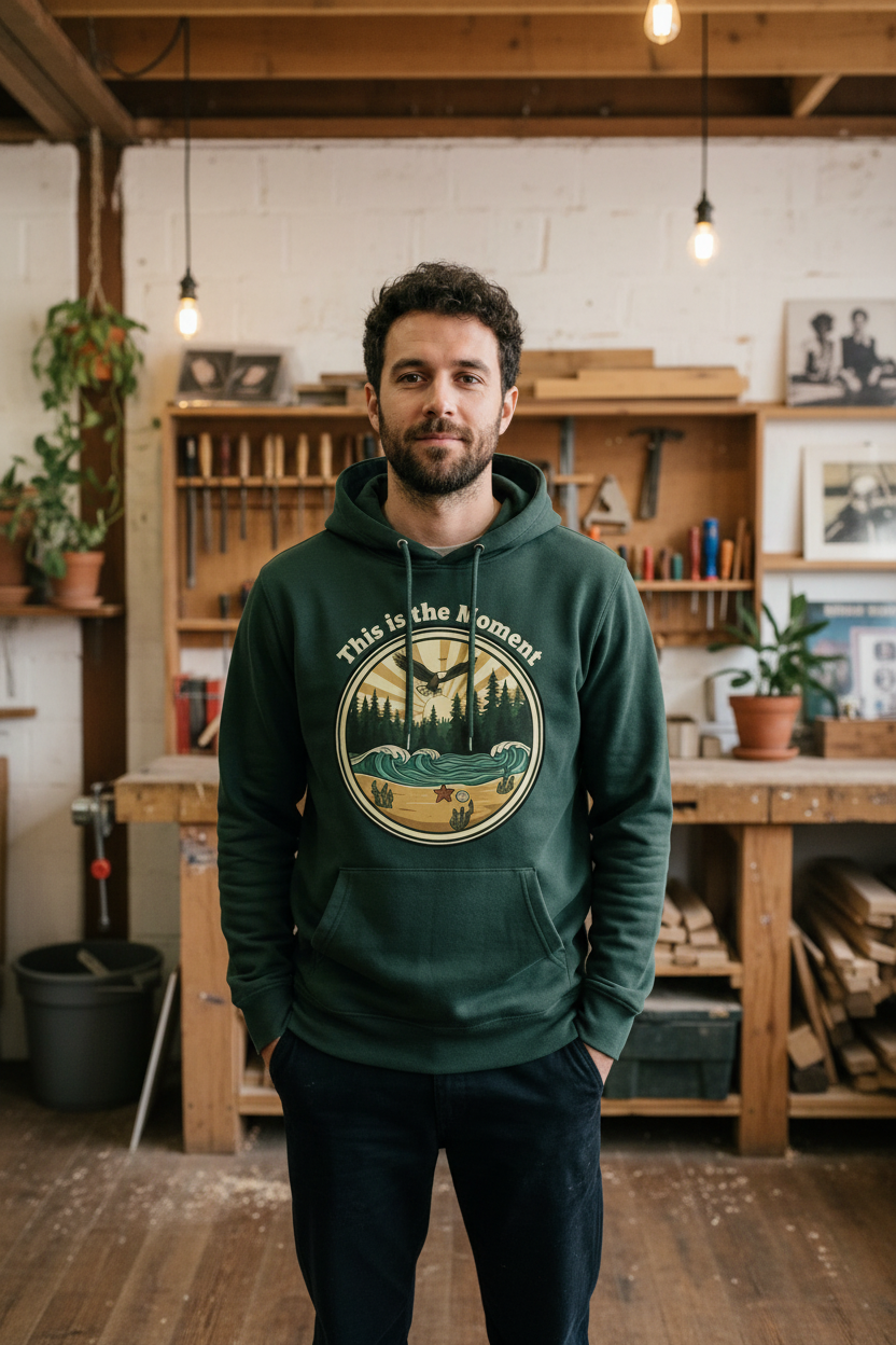 Male model - This is the Moment green hoodie expanded